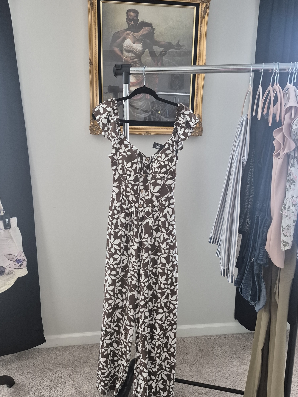 Brown Floral Ruffle-Sleeve Maxi Dress